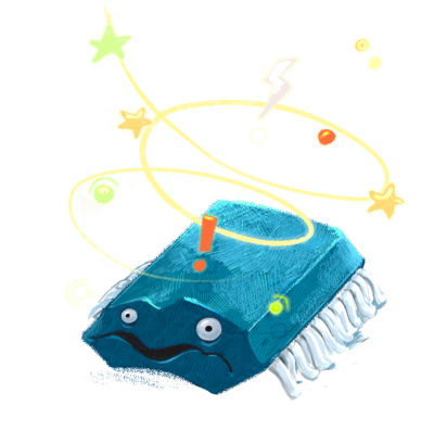 A zapped microchip with stars over its head and a boggled expression.