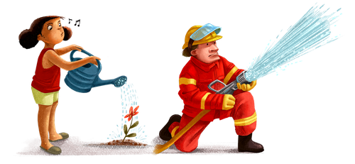 A girl waters a flower with a trickle from a watering can, and a fireman sprays water from a firehose.