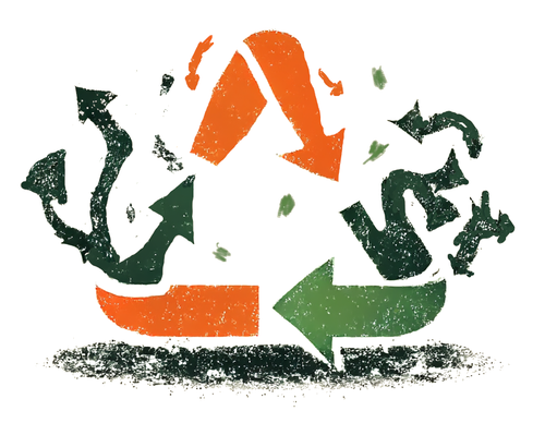 A recycling triangle symbol with corrupted arrows depicting the real-world of recycling