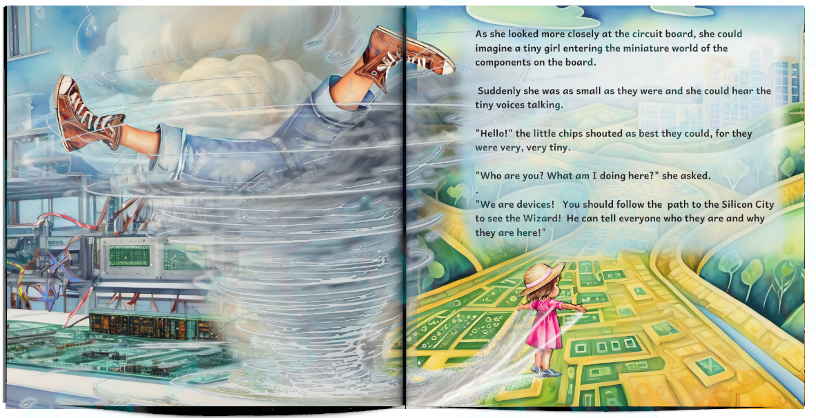 Facing pages from Wonderful Wizard of Electronics showing the transition of the real Dorothy into the beginning of her microchip journey.